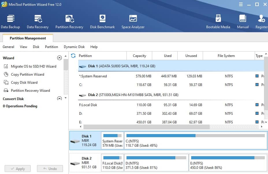 MiniTool Partition Wizard Free Main Menu Screen
